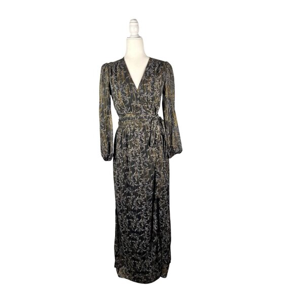 BTFL-Life Dresses & Skirts - BTFL-LIFE Women's Black Metallic Floral Print Long Sleeve Wrap Maxi Dress Medium